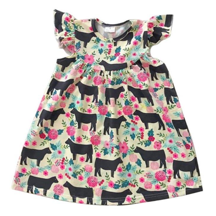 Girls Dress Floral Cow - Gracie Roze