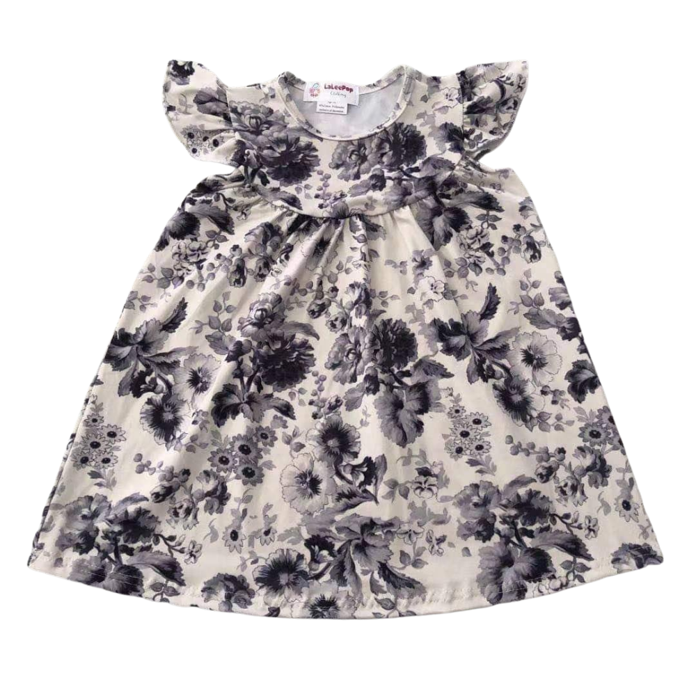 Girls Dress Greyscale Flowers - Gracie Roze